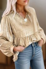 Always Shining - Metallic Frill VNeck Puff Sleeve Babydoll Blouse