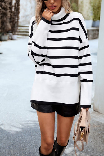 Want It All - White Stripe Mock Neck Loose Fit Knit Side Open Sweater