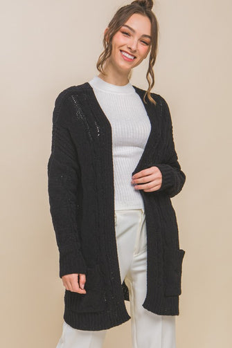 Warm Wishes - Black Chenille Cable Knit Oversized Cardigan