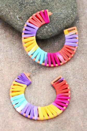 Raffia Wrapped Hoop Earrings Multi