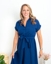 To The Top - Navy Button Shirt Belted Dress