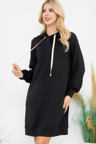 Happiness Begins Here - Black French Terry Long Sleeve Puff Hoodie Dress