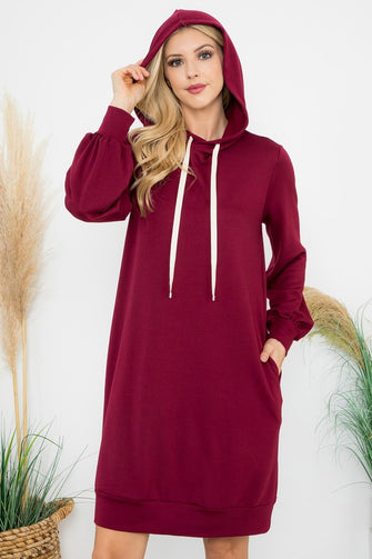 Happiness Begins Here - Dark Red French Terry Long Sleeve Puff Hoodie Dress