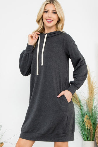 Happiness Begins Here - Charcoal French Terry Long Sleeve Puff Hoodie Dress