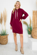 Happiness Begins Here - Dark Red French Terry Long Sleeve Puff Hoodie Dress