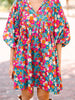 So Much More - Floral Tie Split Neck Bubble Sleeve Babydoll Dress