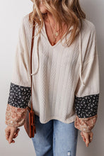 Constant Attraction - Patchwork Textured Knit Drawstring V Neck Blouse