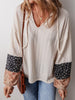 Constant Attraction - Patchwork Textured Knit Drawstring V Neck Blouse
