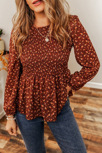 What's Your Story - Boho Floral Smocked Bust Ruffled Peplum Blouse