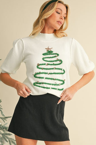 In the Spirit - Tinsel Christmas Tree Puff Short Sleeve Sweater