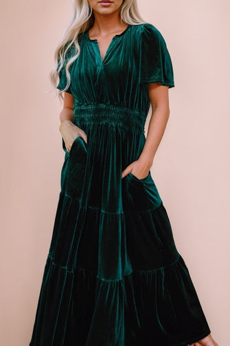 You're Invited - Green Velvet Shirred Waist Tiered Maxi Dress