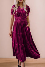 You're Invited - Red Velvet Shirred Waist Tiered Maxi Dress