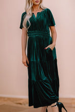 You're Invited - Green Velvet Shirred Waist Tiered Maxi Dress