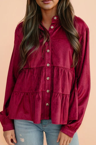 Always In Mind - Burgundy Smocked Ruffle Tiered Button-up Shirt