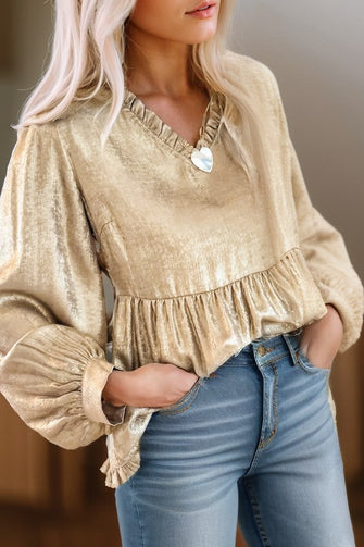 Always Shining - Metallic Frill VNeck Puff Sleeve Babydoll Blouse