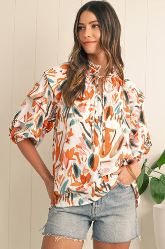 Sunset Romance Abstract Frill Neck Blouse