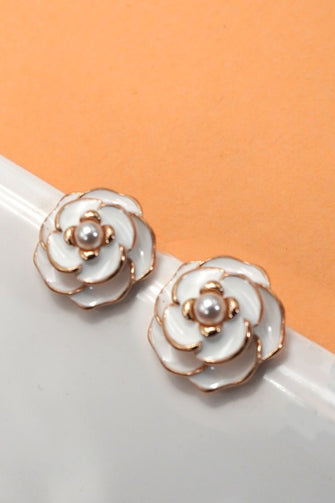 Gold Flower Pearl Stud Earrings