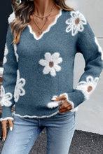 A Cozy Blossom Floral Scallop V-Neck Sweater