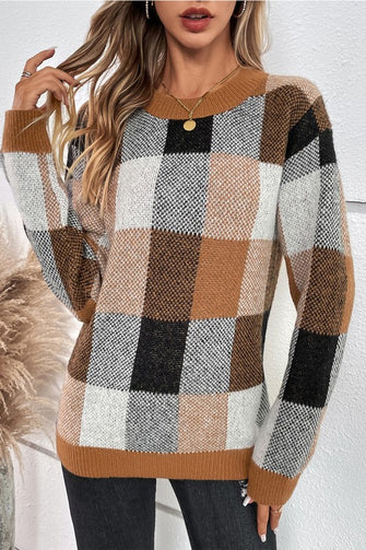 Up To You - Plaid Print Round Neck Loose Fit Sweater