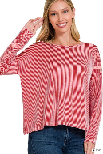 Your Best Day - Red Ribbed Drop Shoulder Long Sleeve Top