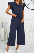 Textured Ruffled Cap Sleeve Top and Wide Leg Pants Set-Navy